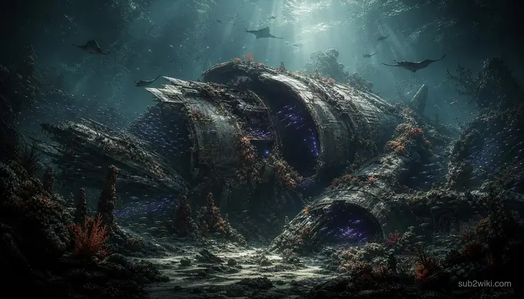 Crashed alien shipwreck half buried in sediment on the seafloor.