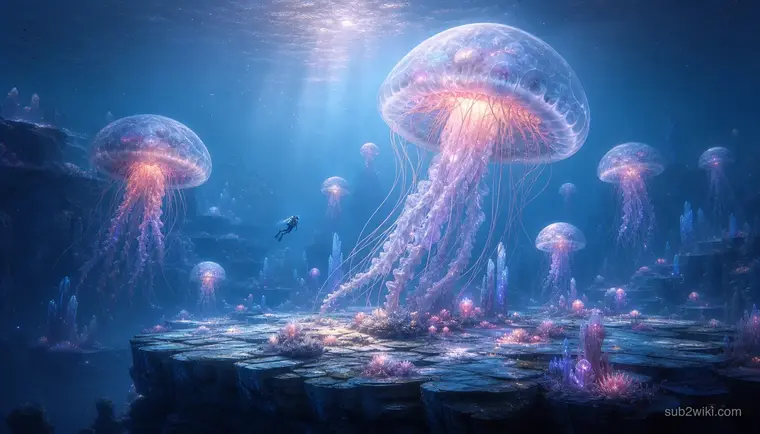 Wide jellyfish plateau with glowing drifters suspended over open blue water.