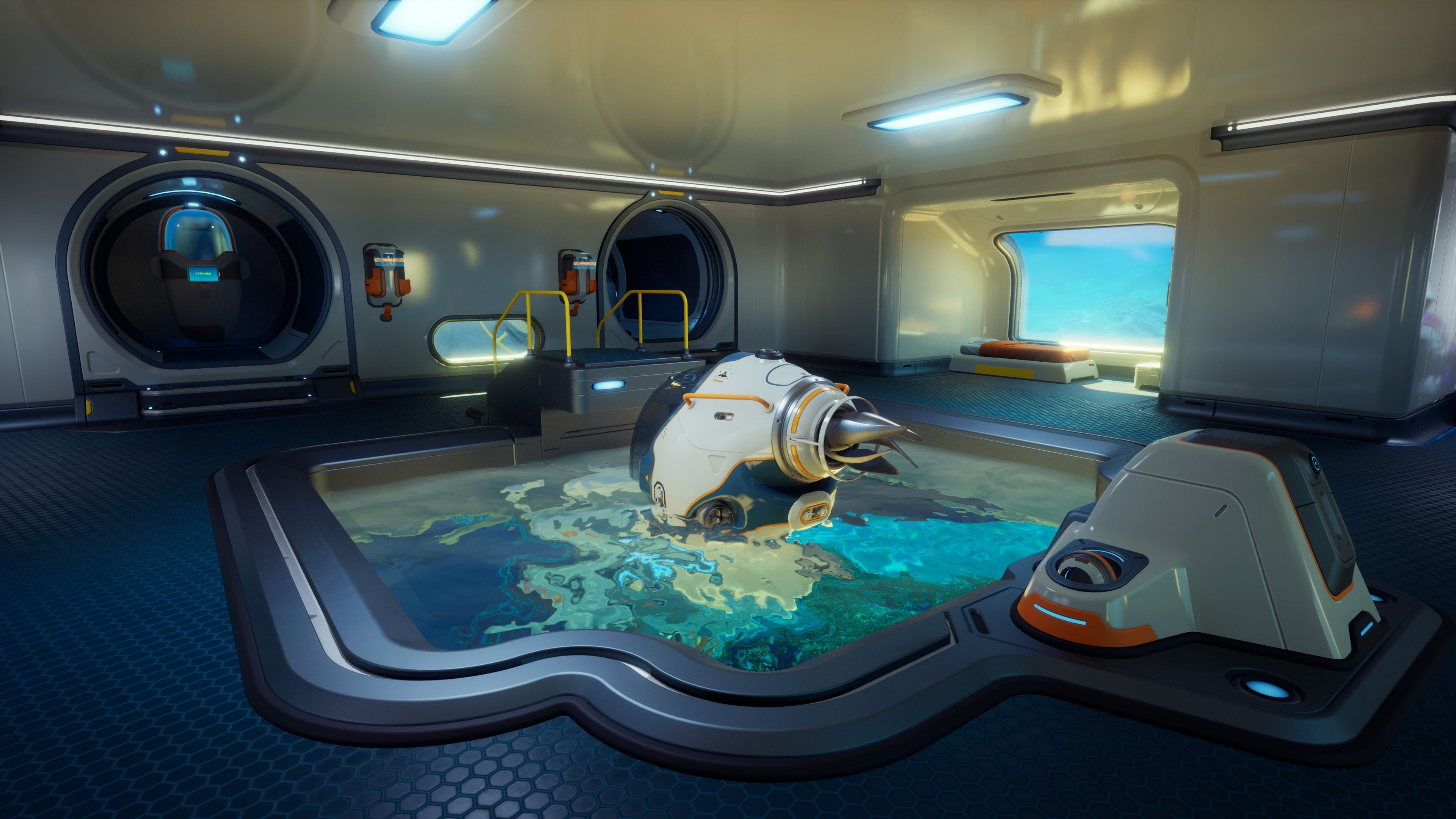 Subnautica 2 official image showing an underwater base and vehicle support area.