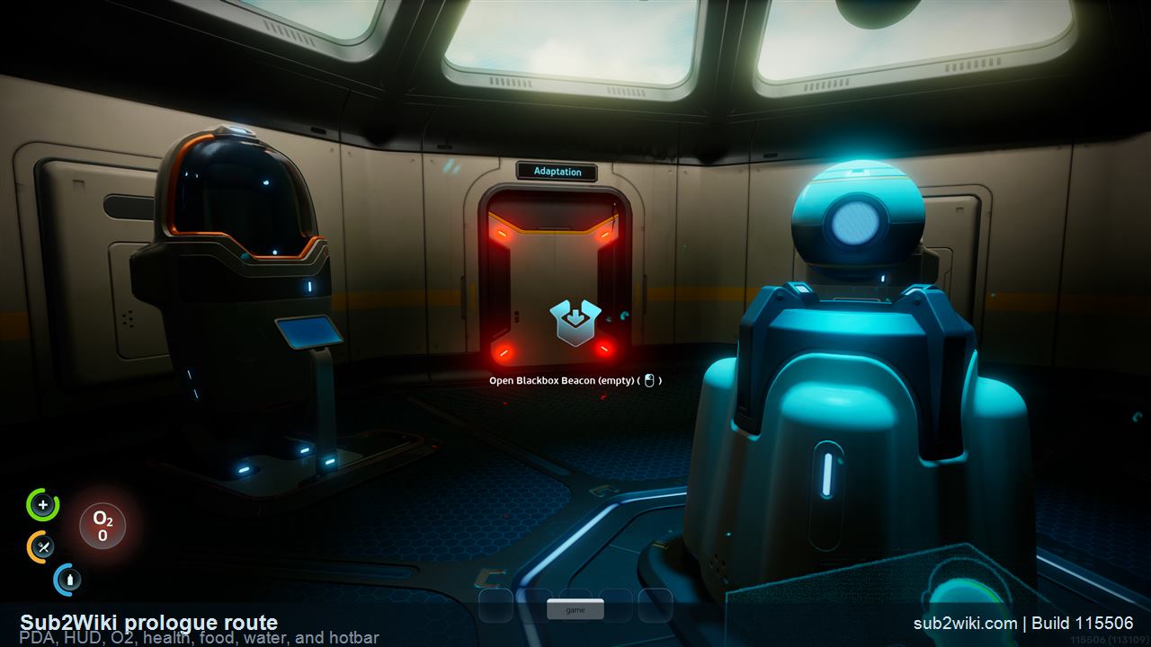 Subnautica 2 prologue HUD with PDA and hotbar controls.