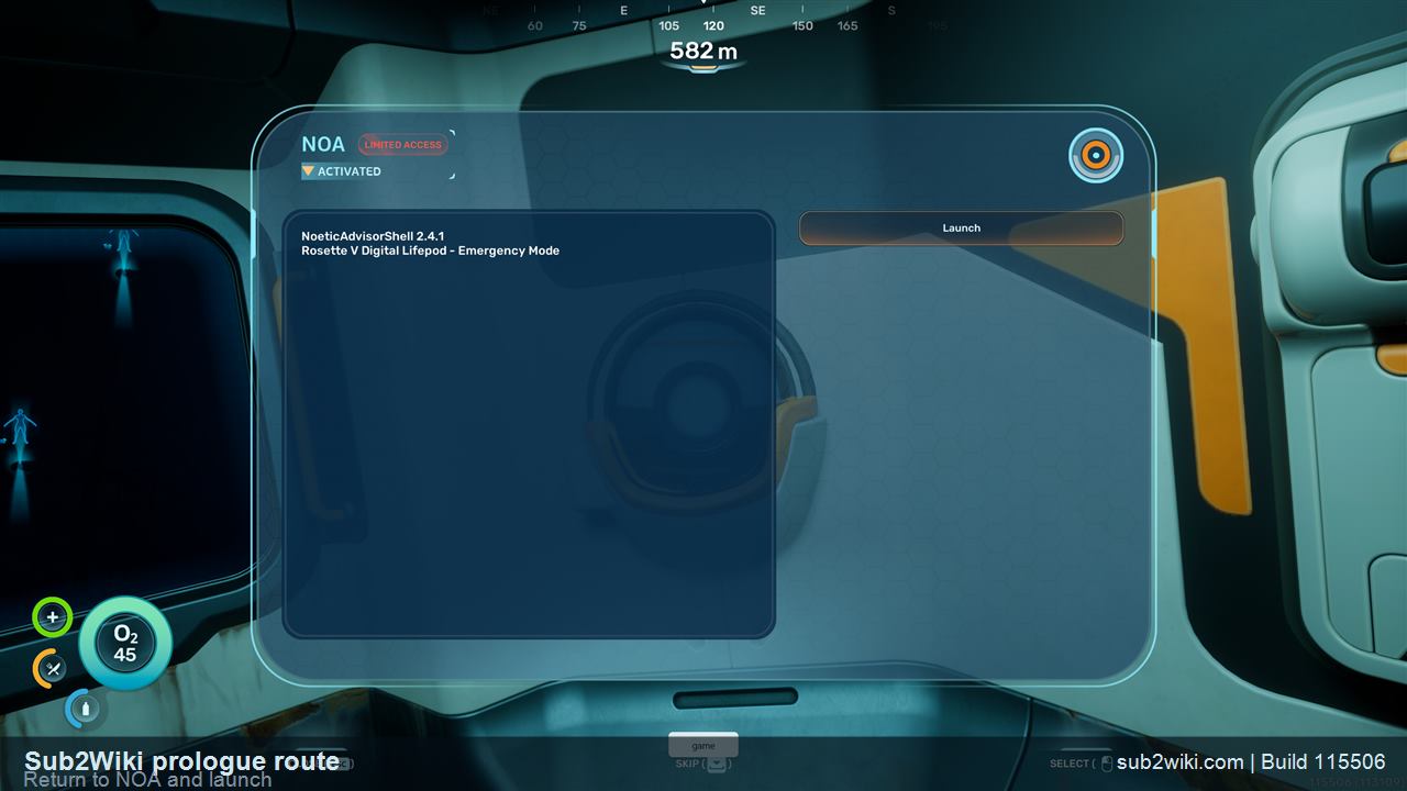 Subnautica 2 prologue NOA Launch prompt before the first ocean session.