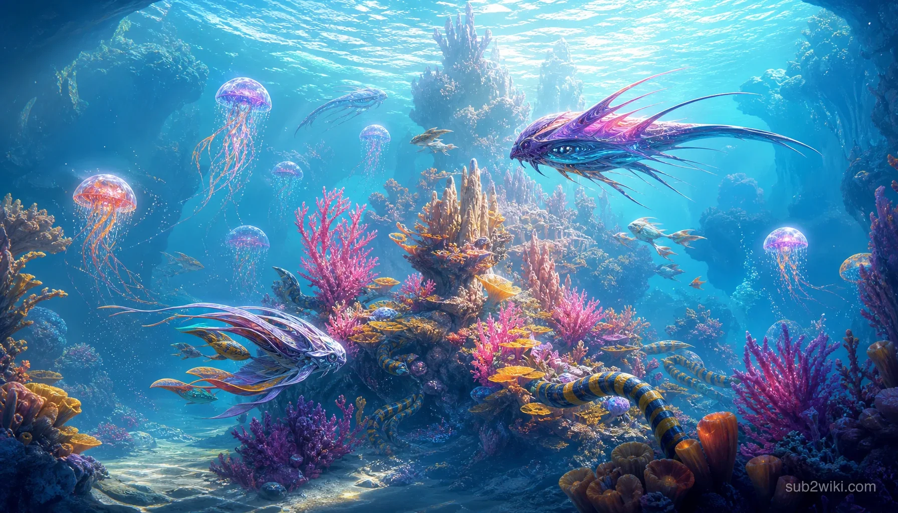 Alien reef and bioluminescent fauna concept art.