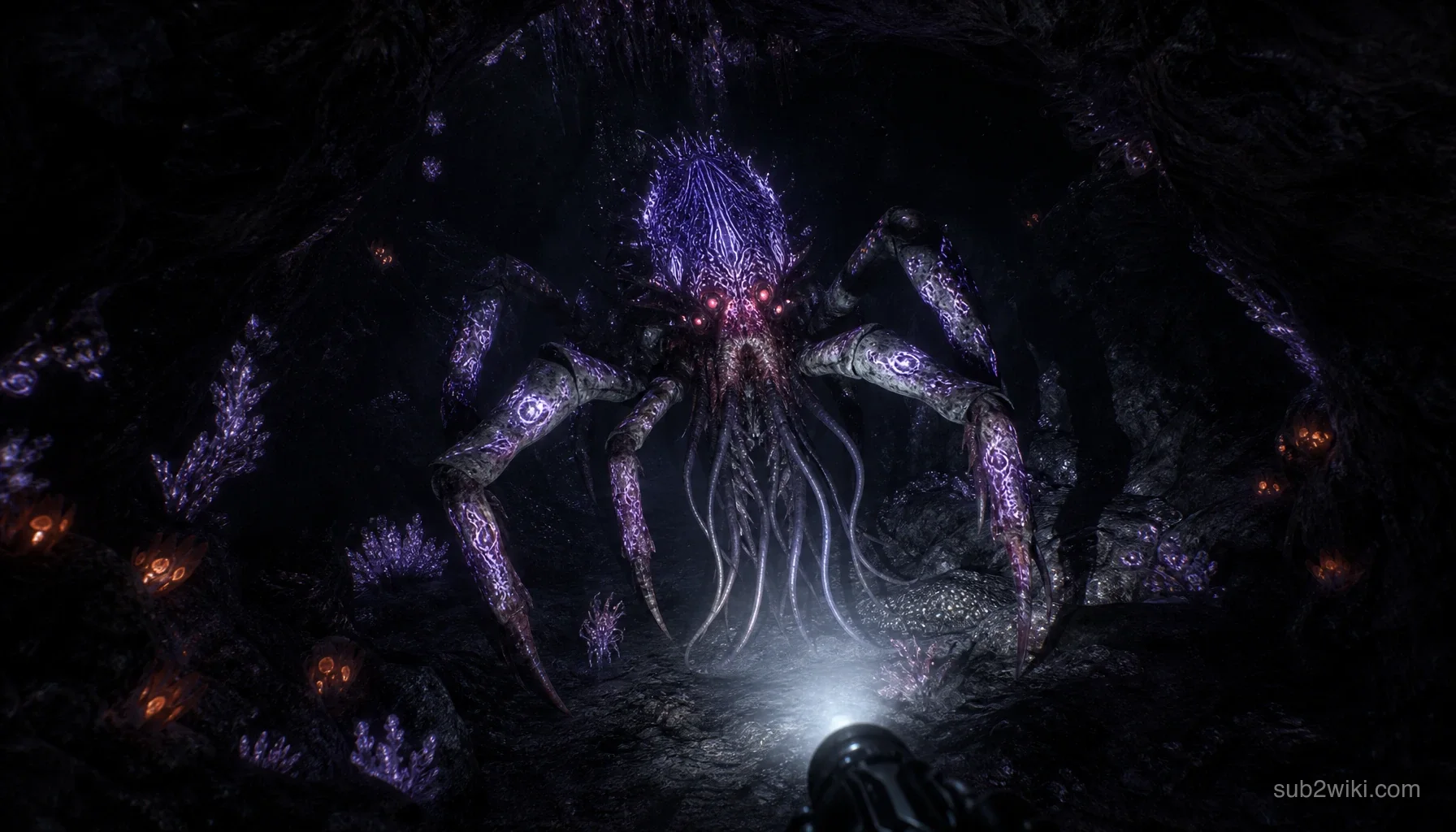 Underwater predator scene used for a Subnautica 2 creature survival guide.