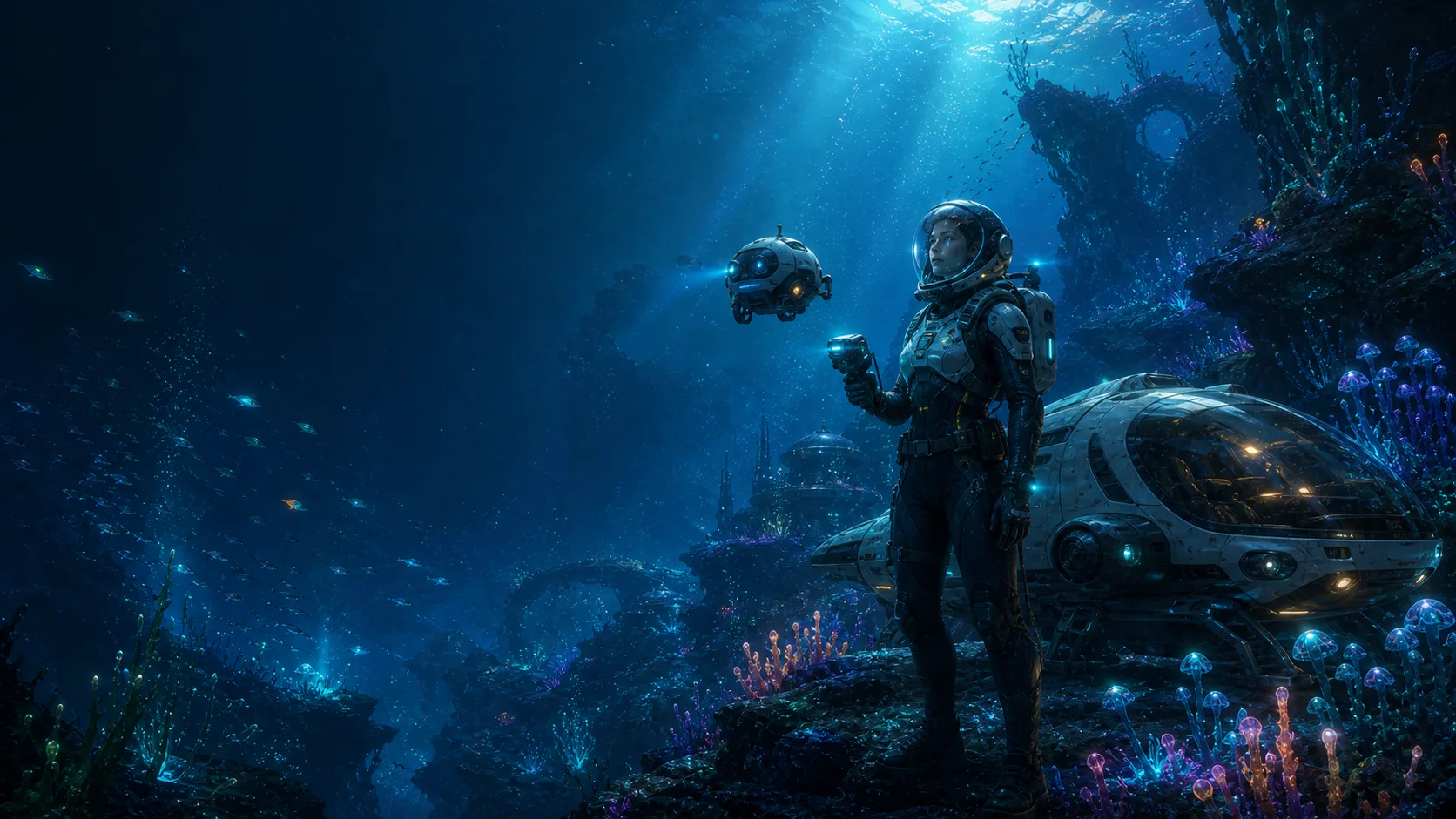 Explorer with a scanner, drone, and submersible in a glowing underwater reef