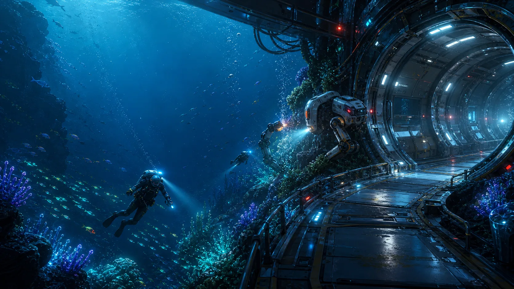 Divers and a maintenance robot near an underwater habitat corridor