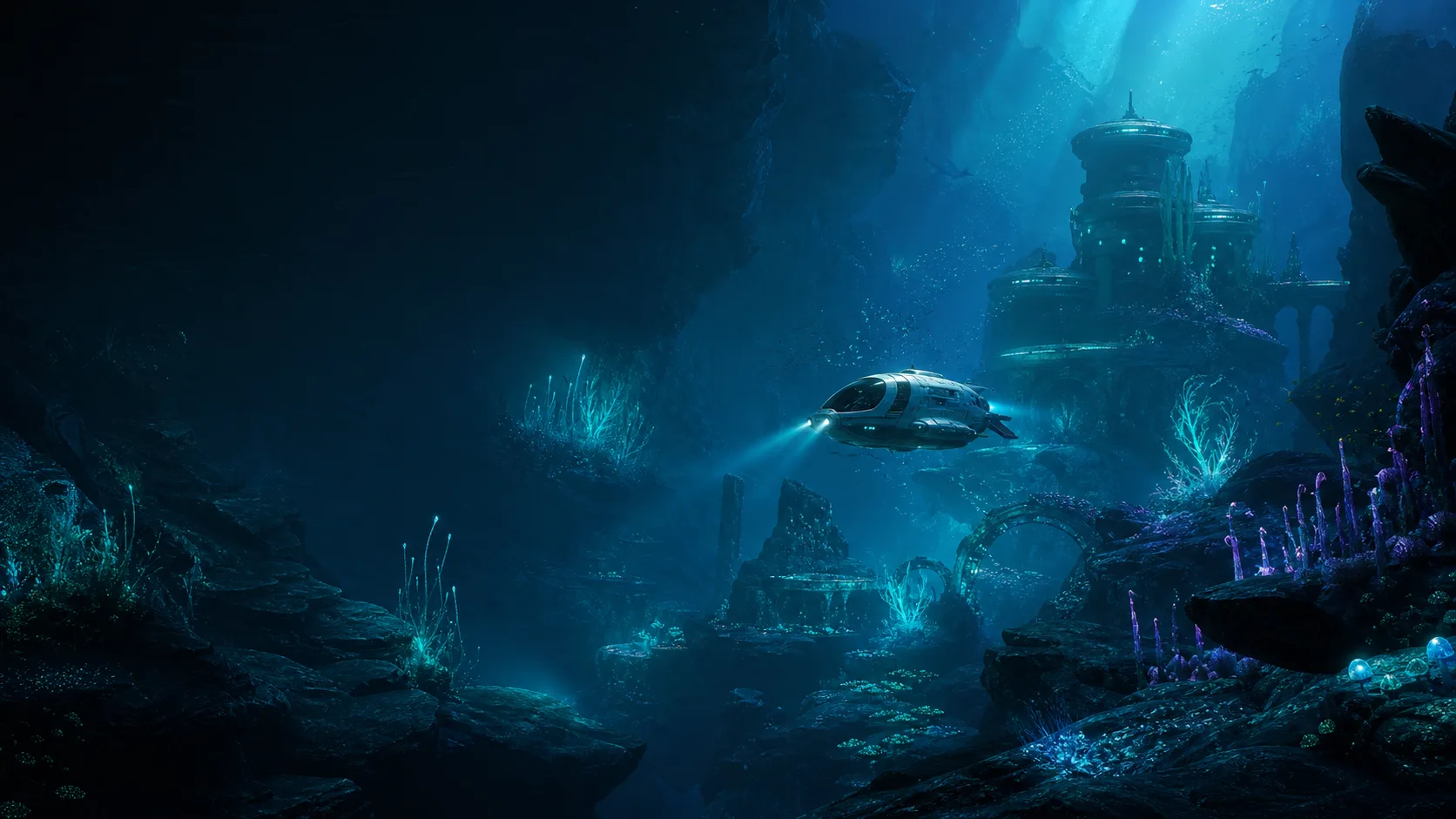 Deep sea scene with a submersible and glowing alien structures