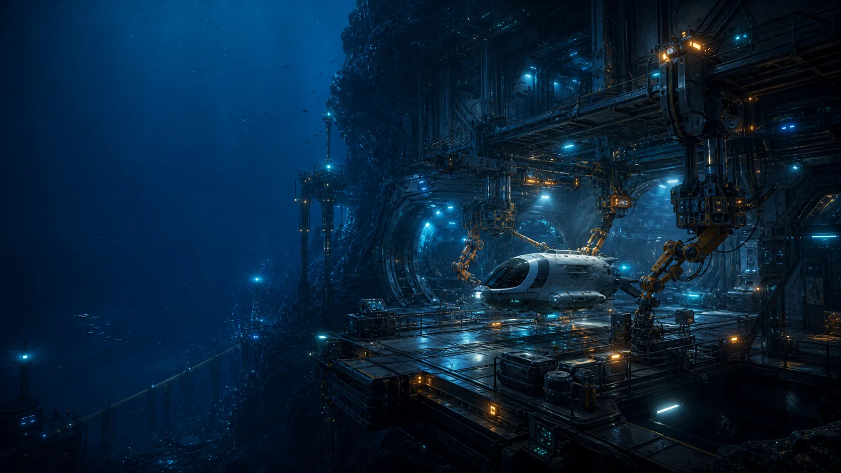 Underwater machine bay with robotic arms and a parked submersible