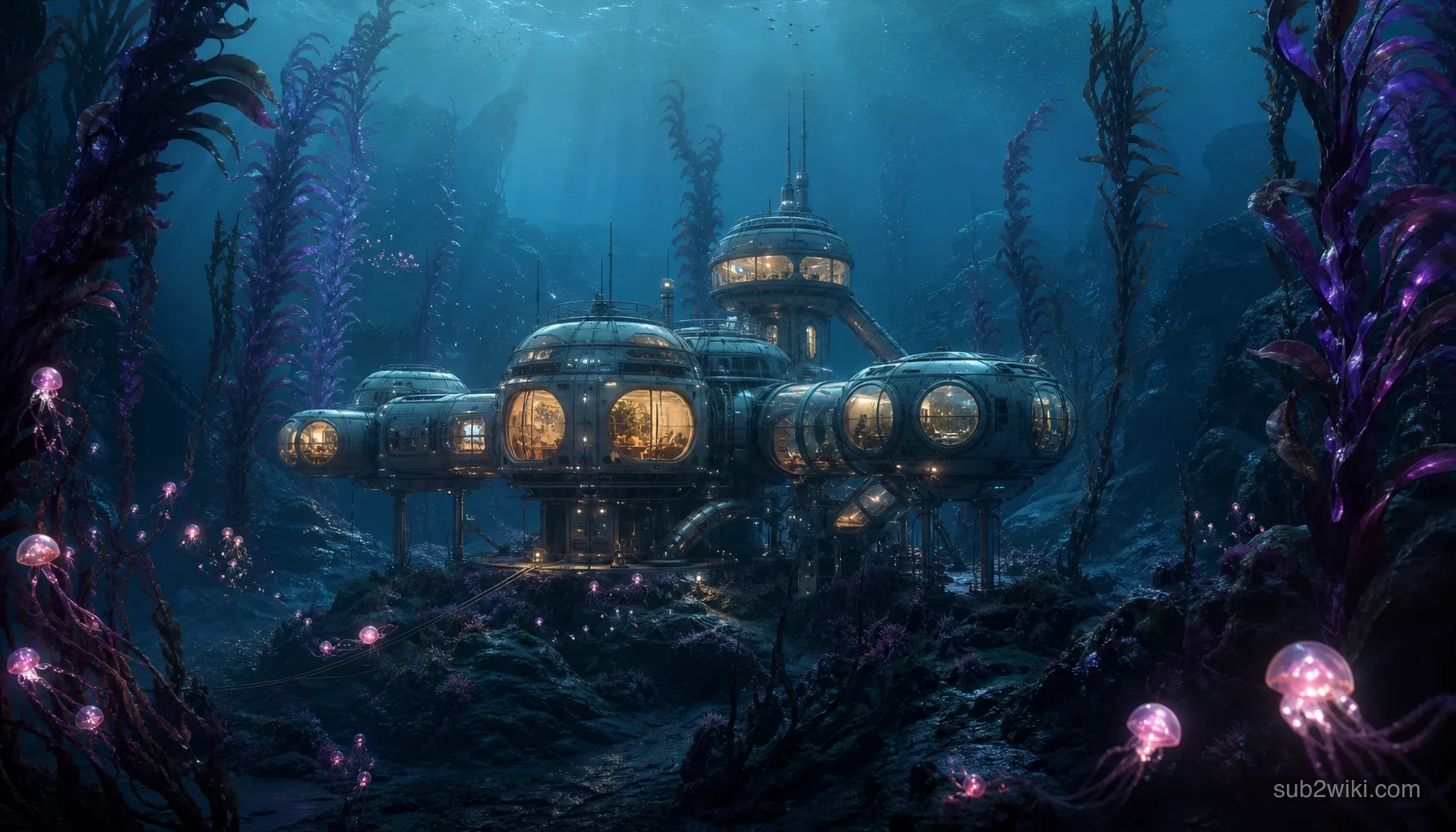 Underwater habitat base concept art with corridors and docking bays.