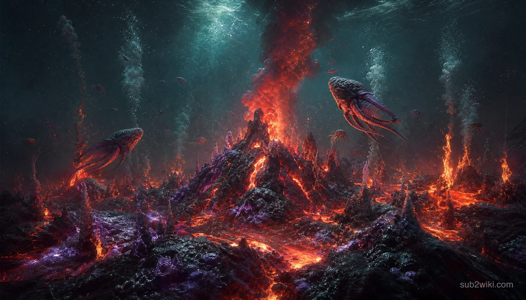 Volcanic underwater zone scene used for Subnautica 2 Steam review coverage.